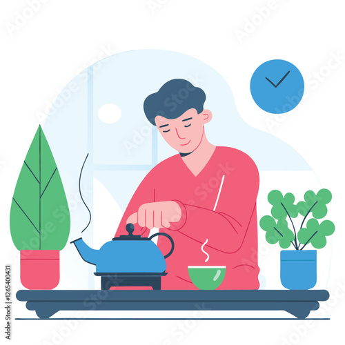 A serene illustration of a European man brewing tea at home, surrounded by colorful houseplants, capturing a cozy atmosphere.