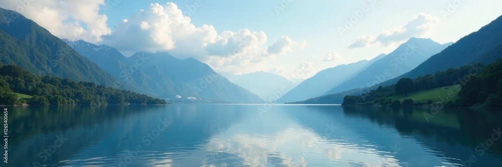 Naklejka premium Soft cloudy sky over a serene lake with surrounding mountains, blue, lake