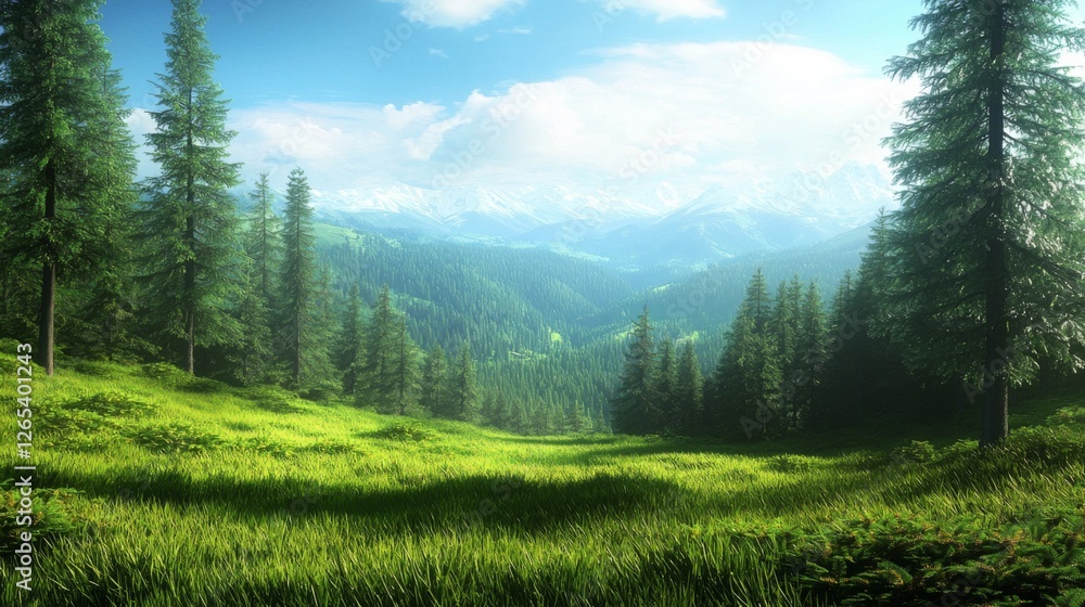 Lush Green Valley Surrounded by Majestic Mountains and Vibrant Forest Under a Bright Blue Sky with Soft White Clouds Lush Green Valley Surrounded by Majestic Mountains and Vibrant Forest Under a Bright Blue Sky with Soft White Clouds