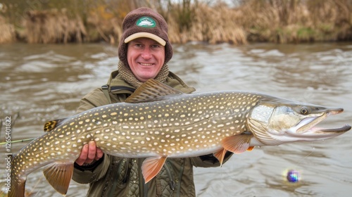 Successful fisherman proudly holding large pike fish. Trophy fishing on spinning tackle in river. photo