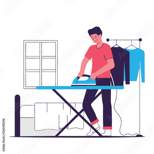 Depicts a man ironing shirts in a domestic setting, showcasing attention to detail and household chores. The artwork is clean and modern.