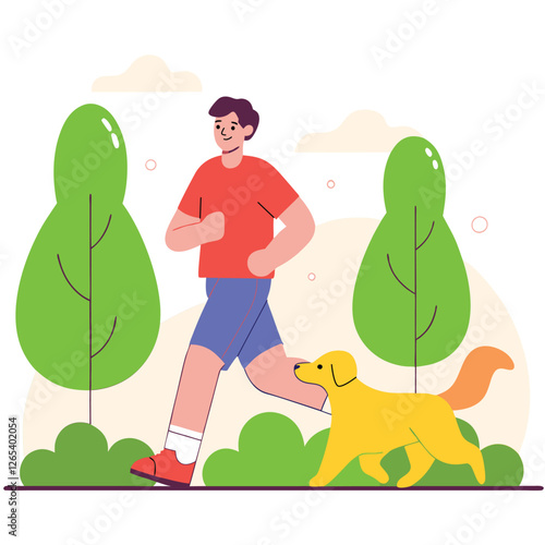 A recreation scene featuring a european man jogging with a blue dog surrounded by stylized trees and abstract plants in a vibrant environment.