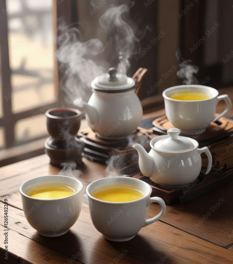 Steaming cups of oolong tea on a wooden table, teas, table