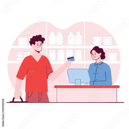 A friendly cashier of african descent interacts with a customer in a store. Two colleagues are seen in the background. An engaging atmosphere is depicted.