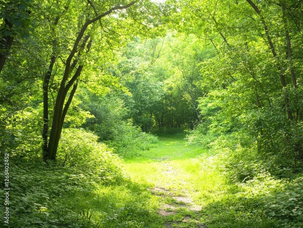Obraz premium Serene green woodland with lush trees, vibrant foliage, and a tranquil, sunlit pathway