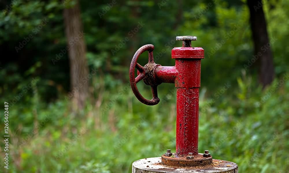 The image shows a rustic red water pump perched on a wooden stump surrounded by lush greenery, representing a blend of vintage utility and natural beauty. The image shows a rustic red water pump perched on a wooden stump surrounded by lush greenery, representing a blend of vintage utility and natural beauty.