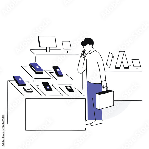 A person looks thoughtfully while shopping for electronic devices in a store setting, with various gadgets displayed.