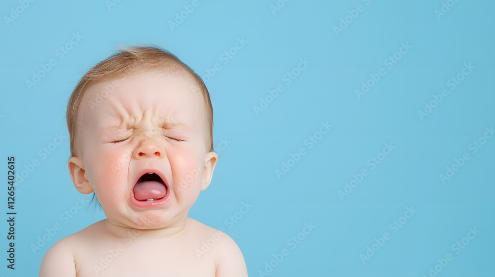 Expressive portrait of a crying infant, showcasing intense emotion against a serene blue background. A potent image embodying early childhood feelings. Expressive portrait of a crying infant, showcasing intense emotion against a serene blue background. A potent image embodying early childhood feelings.