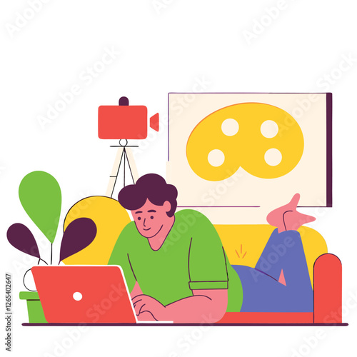 A young European man is comfortably working on his laptop at home, surrounded by colorful plants and a relaxed atmosphere, reflecting a modern lifestyle.