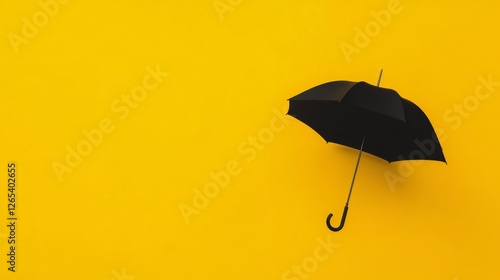 Black umbrella on yellow background; copy space