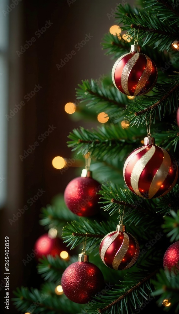 Striped ornaments and lights on a tall Christmas tree, christmas tree, garland, holidays Striped ornaments and lights on a tall Christmas tree, christmas tree, garland, holidays