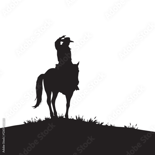 A captivating black silhouette of a cowboy atop a horse, positioned on a grassy hilltop against a plain white background.