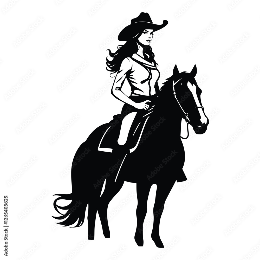 A black and white silhouette of a woman in a cowboy hat riding a horse. A black and white silhouette of a woman in a cowboy hat riding a horse.