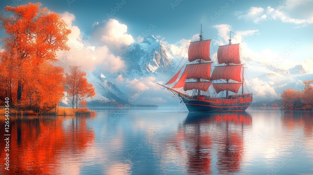 Obraz premium Autumnal ship on lake, mountains, clouds