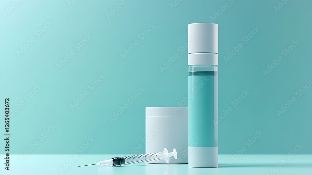3D render of a sleek medical bottle paired with a syringe icon, designed in clean and modern aesthetics with a white and blue theme 3D render of a sleek medical bottle paired with a syringe icon, designed in clean and modern aesthetics with a white and blue theme