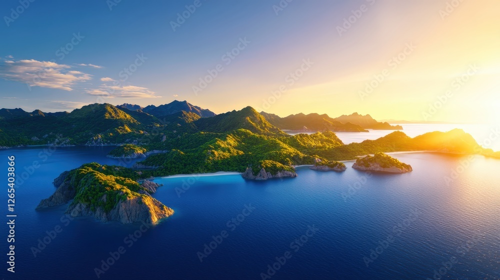 Fototapeta premium A breathtaking aerial view of lush green islands amid serene blue waters, illuminated by the warm glow of the setting sun. Perfect for travel, nature, and scenic representations.