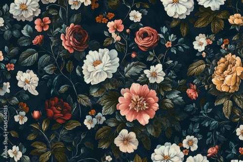 Seamless floral pattern dark blue background made up Vintage dar