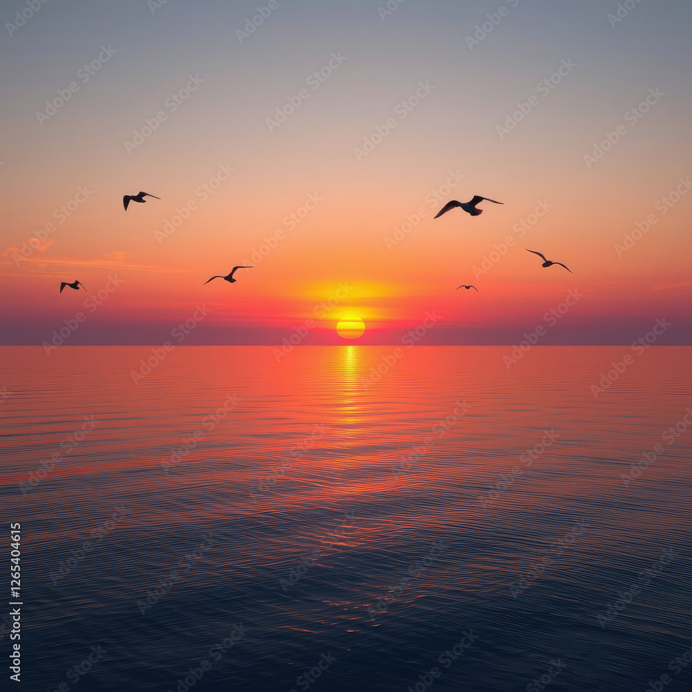 Sunset Over the Water with Seagulls Flying High , ocean reflection, serene atmosphere, beautiful landscape, natural wonder Sunset Over the Water with Seagulls Flying High , ocean reflection, serene atmosphere, beautiful landscape, natural wonder