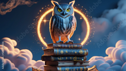 A wise owl perched on ancient books in a mystical library symbolizing knowledge wisdom intelligence mystery magic and the pursuit of enlightenment in a fantasy setting photo