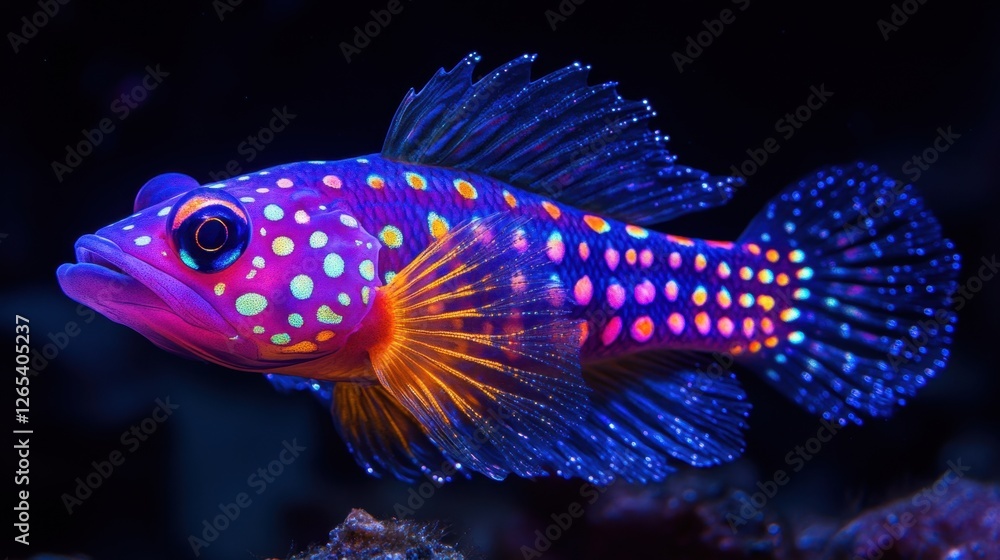Fototapeta premium A colorful fish with a blue tail and orange fins. The fish is surrounded by a dark background