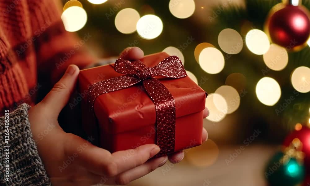 A beautiful red gift box adorned with a sparkling ribbon is lovingly held in hands, capturing the essence of celebration and excitement during the holiday season. A beautiful red gift box adorned with a sparkling ribbon is lovingly held in hands, capturing the essence of celebration and excitement during the holiday season.