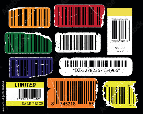 Vector design of cool trendy barcodes stickers on grunge collection of fully editable. Supermarket scan code ,bars and qr coding, price tag element
