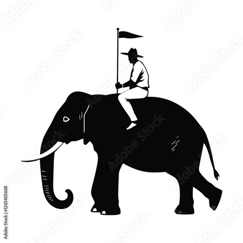 Photography A simple black and white silhouette of an elephant with a mahout riding it