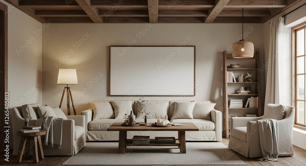 Fototapeta premium mock-up frame Minimalist rustic living room with neutral colour palette, natural lighting, and elegant wood decoration. Suitable for interior design, architecture, and modern home inspiration.