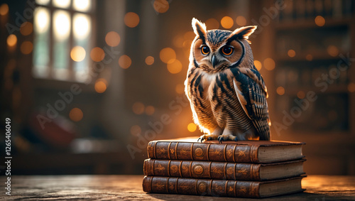 A wise owl perched on ancient books in a mystical library symbolizing knowledge wisdom intelligence mystery magic and the pursuit of enlightenment in a fantasy setting