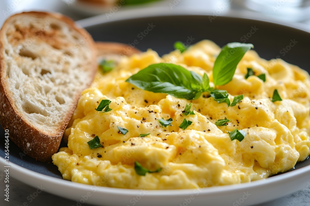 Scrambled eggs served with toast and fresh herbs on a plate. Scrambled eggs served with toast and fresh herbs on a plate.
