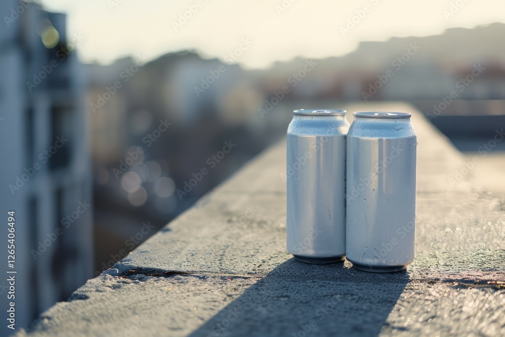 Two beverage cans on rooftop at sunset. Neural network AI generated Two beverage cans on rooftop at sunset. Neural network AI generated