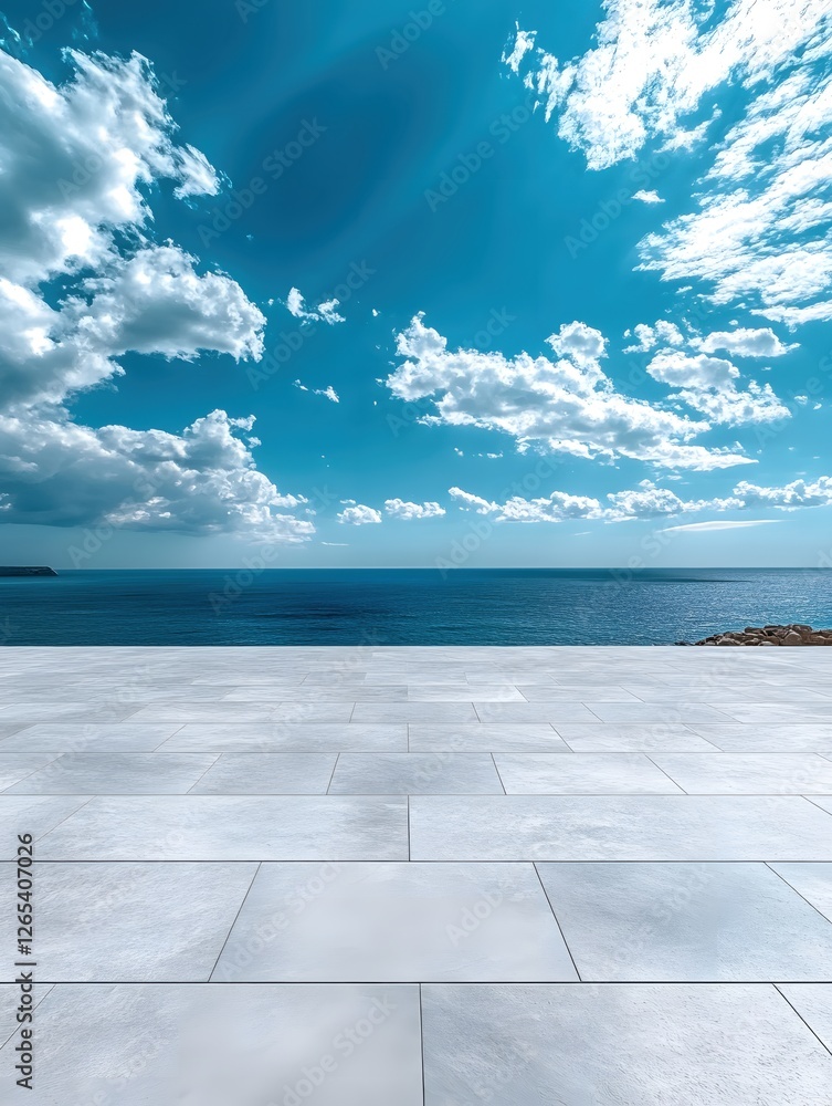 Serene Ocean View with Bright Blue Sky and Clouds from a Modern Stone Terrace Surface Serene Ocean View with Bright Blue Sky and Clouds from a Modern Stone Terrace Surface