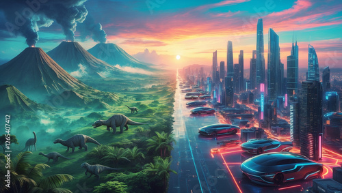 A stunning contrast between prehistoric nature with dinosaurs and a futuristic cyberpunk cityscape depicting evolution progress technology and the passage of time photo