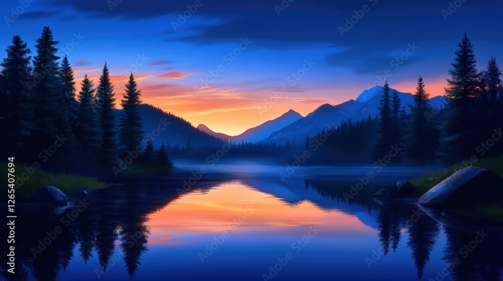 Obraz premium A stunning twilight landscape featuring a serene lake surrounded by mountains and dense forests. The vibrant hues of the sunset reflect beautifully on the calm water surface.