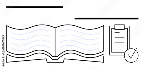 Open book with wavy lines and a clipboard featuring a checklist marked with a checkmark. Ideal for education, studying, organization, task management, planning, success, and abstract line flat
