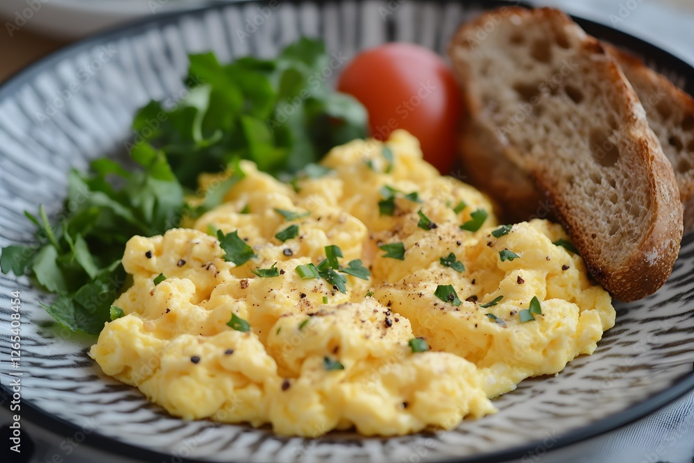 Scrambled eggs served with toast and fresh herbs on a plate. Scrambled eggs served with toast and fresh herbs on a plate.