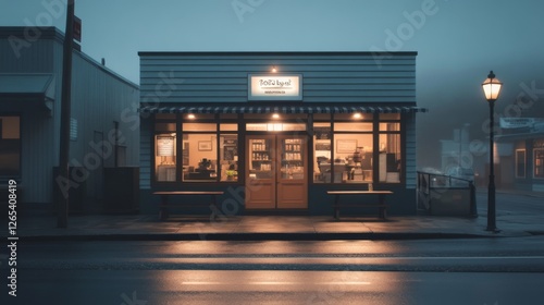 Fototapeta Naklejka Na Ścianę i Meble -  Foggy town cafe, night scene, street lamp