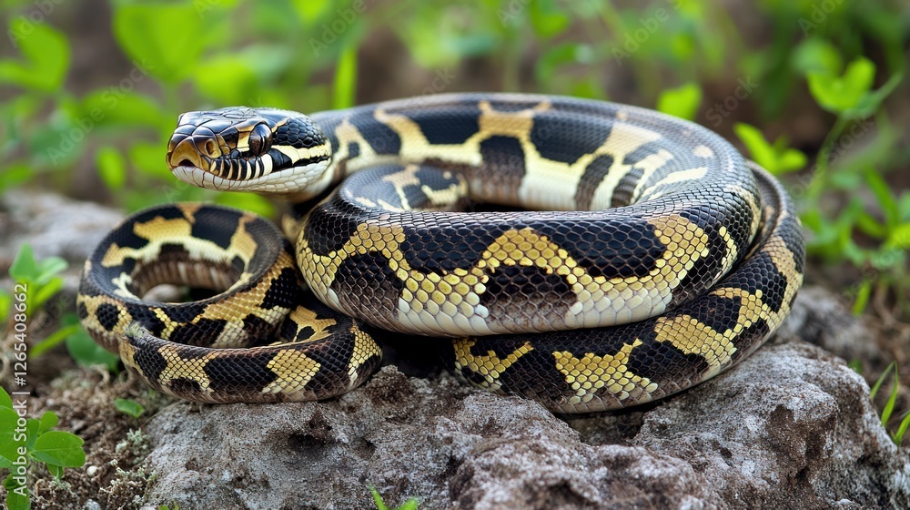 Coiled snake resting on rock, lush green background