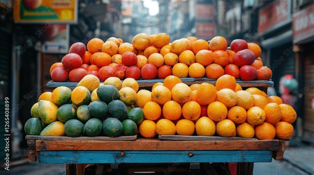 Fresh fruit stall in bustling market street with smoky background Fresh fruit stall in bustling market street with smoky background