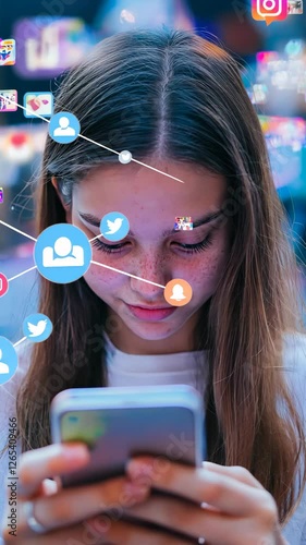 Young woman engaging with smartphone amidst social media icons and connections in a vibrant urban environment