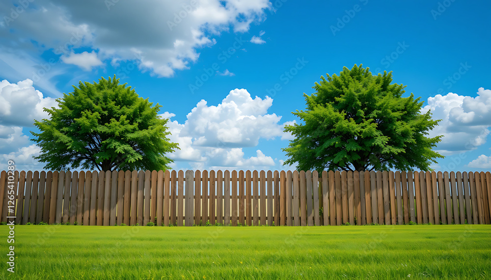 Fototapeta premium Beautiful Wooden Fence Separating Lush Green Grass and Trees Under a Sunny Blue Sky