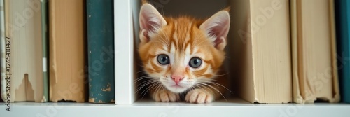 Tiny orange kitten peeking from behind a white bookshelf, defenseless, hide, tiny