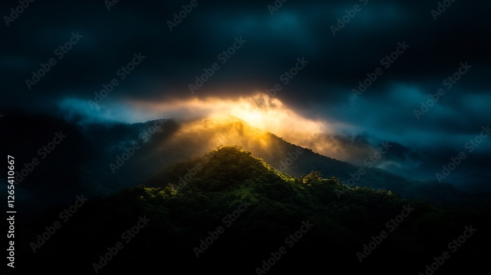 Golden light breaking through dark clouds over a misty mountain range Golden light breaking through dark clouds over a misty mountain range