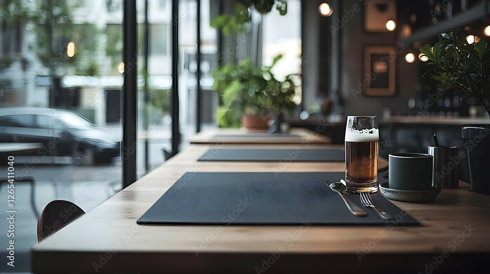 Empty Restaurant Table with Beer by Window in City Empty Restaurant Table with Beer by Window in City