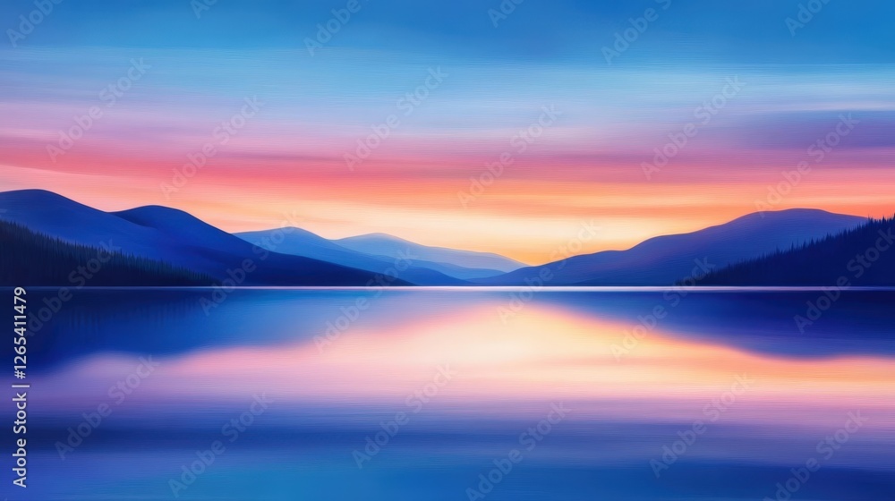 Obraz premium A tranquil scene of mountains reflected in a serene lake at sunset. The sky is painted with vibrant hues of orange, pink, and blue, creating a peaceful atmosphere.