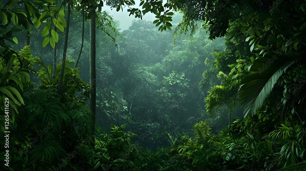 Fototapeta premium Lush Green Rainforest Sunlight Through Canopy