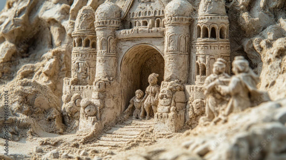 Naklejka premium Detailed sandcastle castle scene, intricate figures, beach background