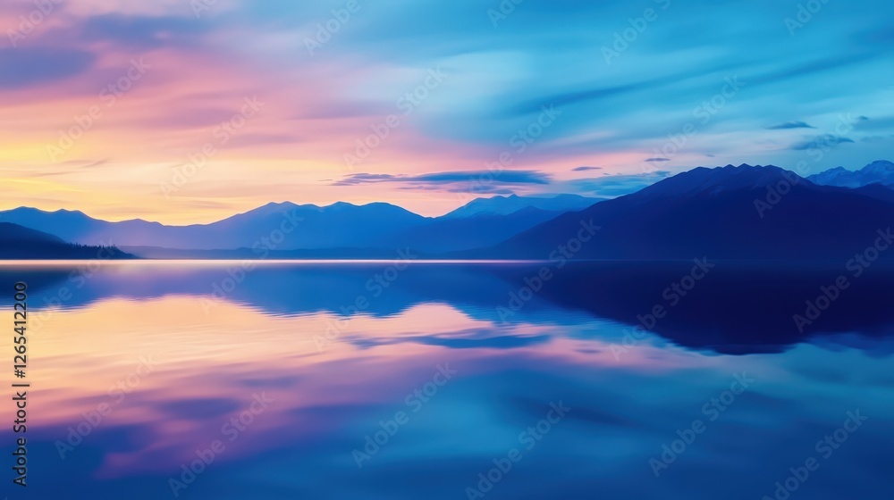 Fototapeta premium A serene landscape showcasing a tranquil lake reflecting stunning sunset colors of purple and orange, surrounded by majestic mountains, creating a peaceful and picturesque scene.