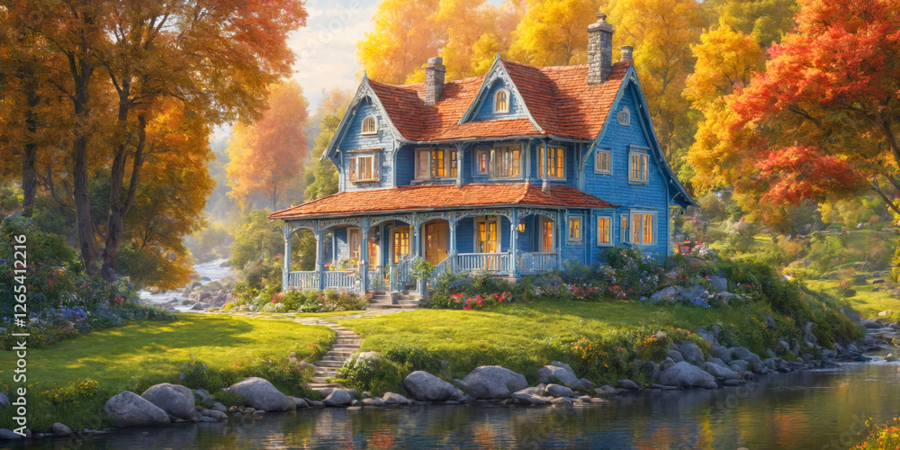 Fototapeta premium Charming Blue House by the River in Autumn