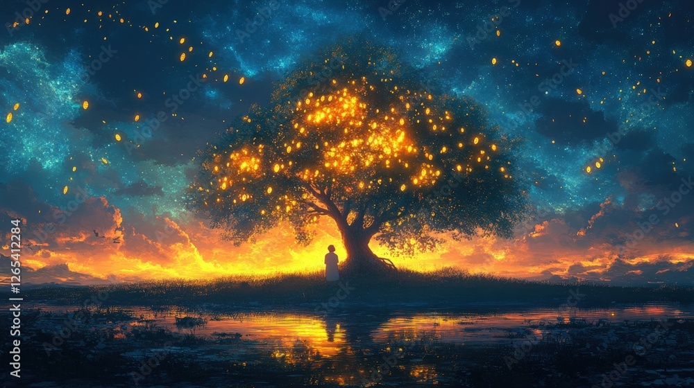 Enchanted Tree Under Starry Sky with Glowing Lights at Dusk Enchanted Tree Under Starry Sky with Glowing Lights at Dusk